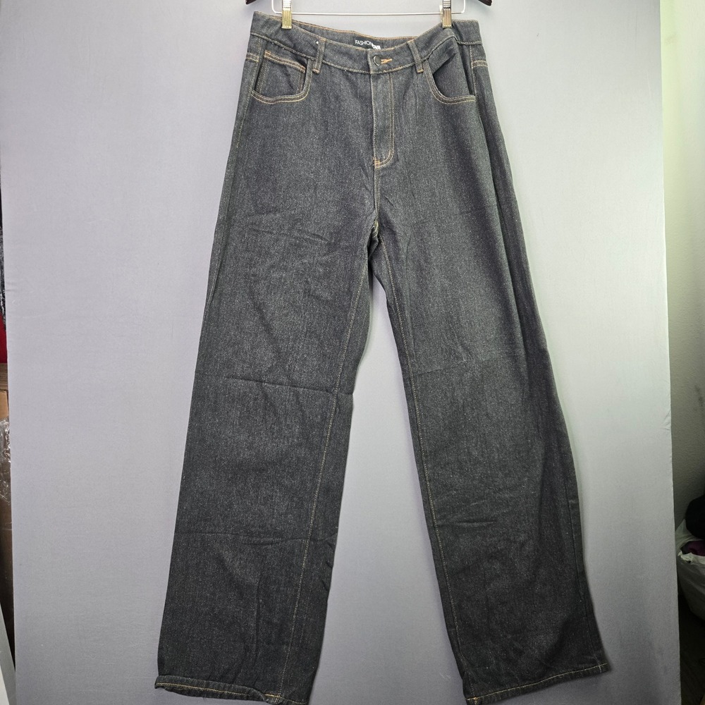 Fashion Nova Jeans Wide Leg Baggy 34x31 Dark Wash High Rise Streetwear Denim